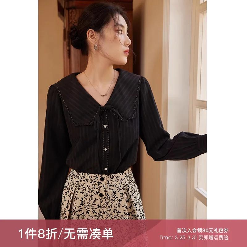 Single Beam Commuter Shirts for Women, Lace-up, Black Shirt, Contrast Color, Sailor Collar, Elegant, Autumn and Wint